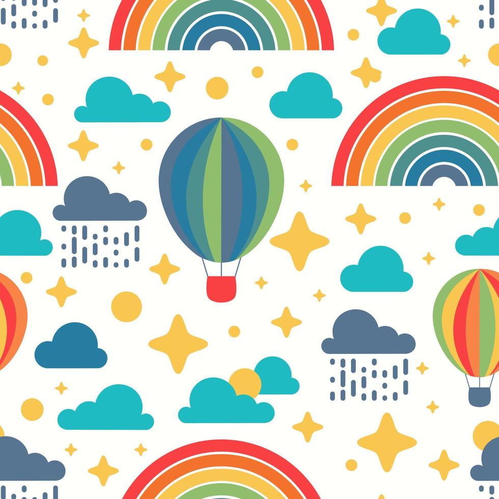 Vector seamless pattern with hot air balloons, clouds, rainbows, sun isolated on the white background. Travel concept. Peaceful landscape. Children cute background