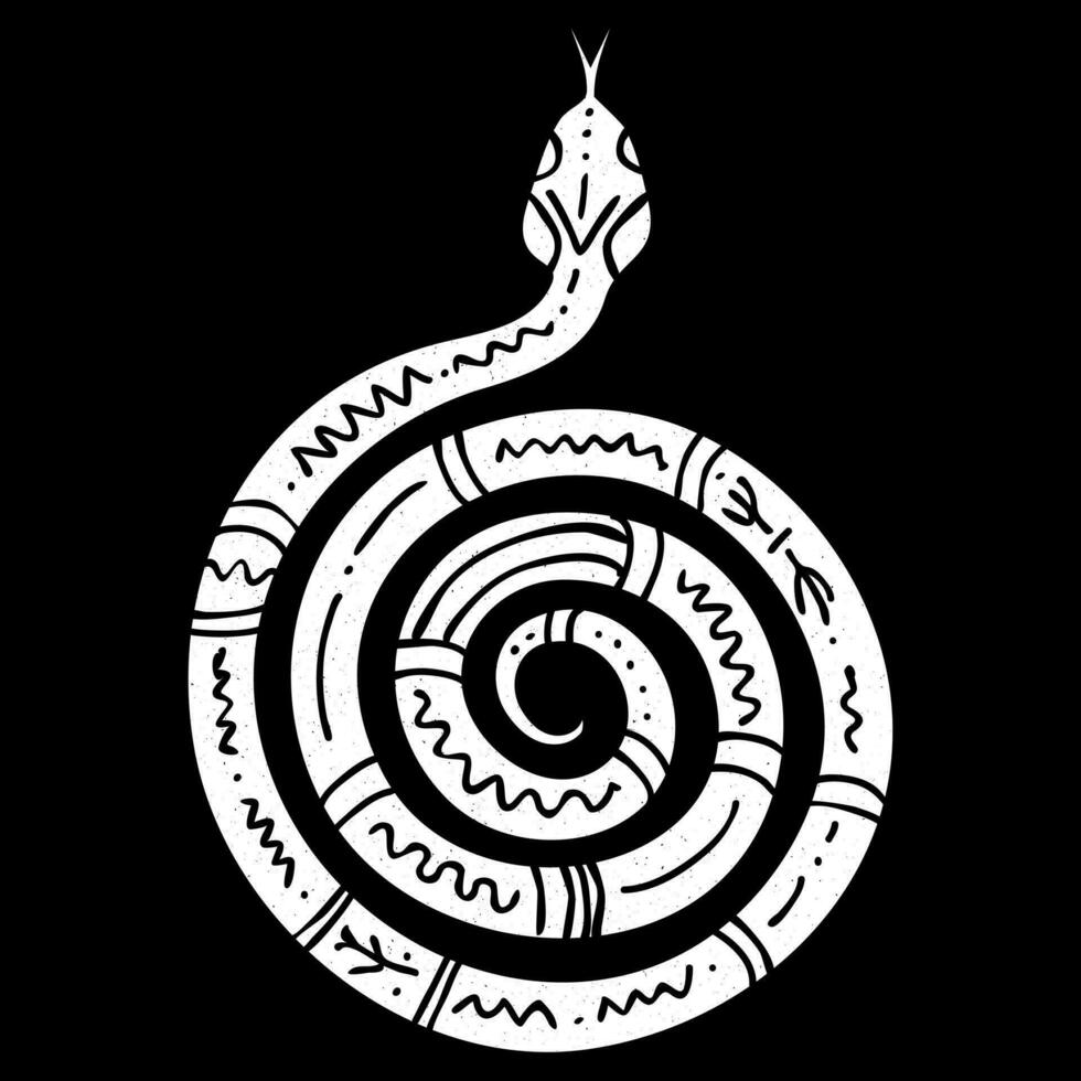 Vector snake silhouette isolated on the dark background with tribal, ethnic ornament. Snake in a spiral. Icon, symbol, logo. Reptiles