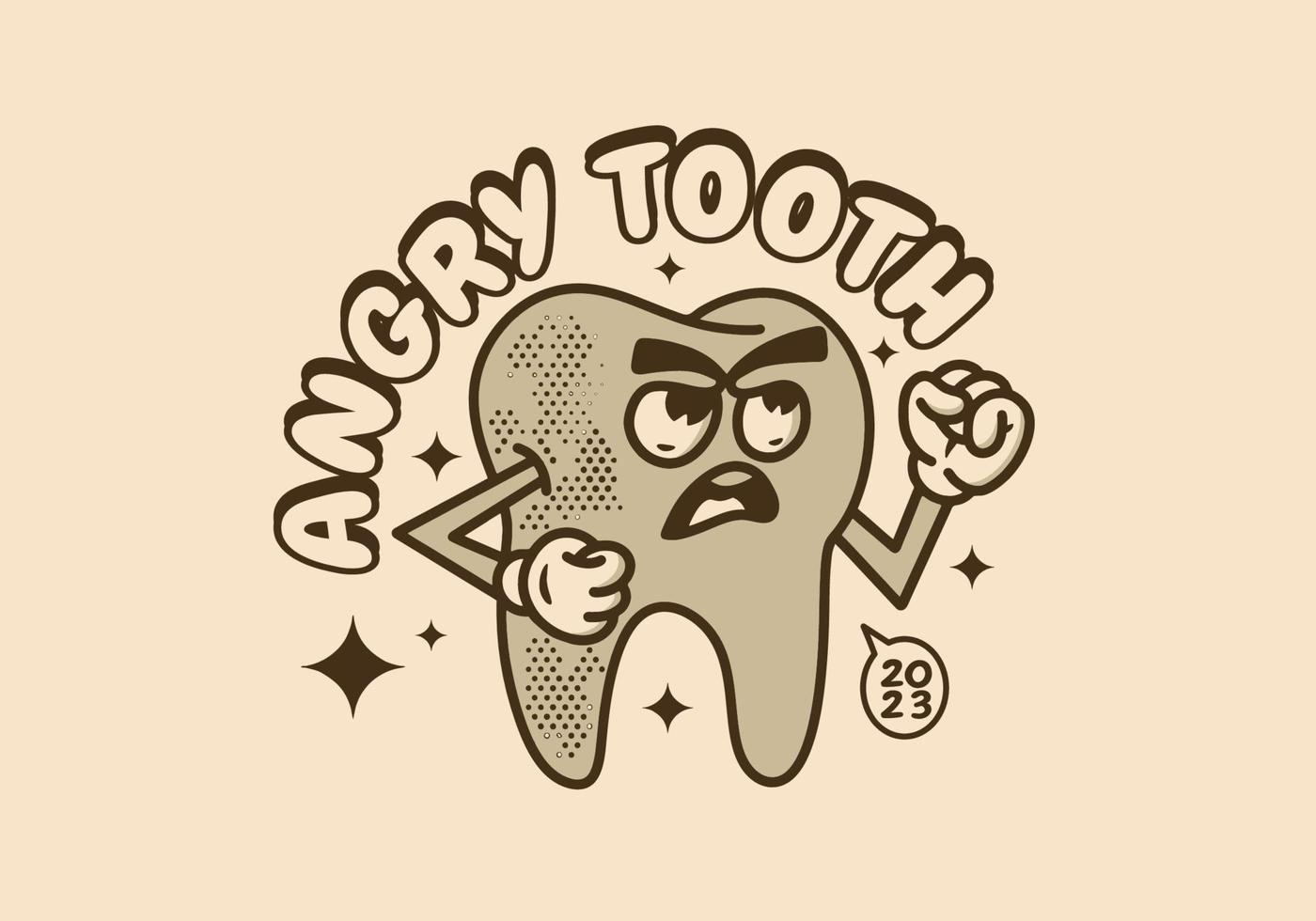 Clásico mascota personaje diseño de un diente con enojado cara vector