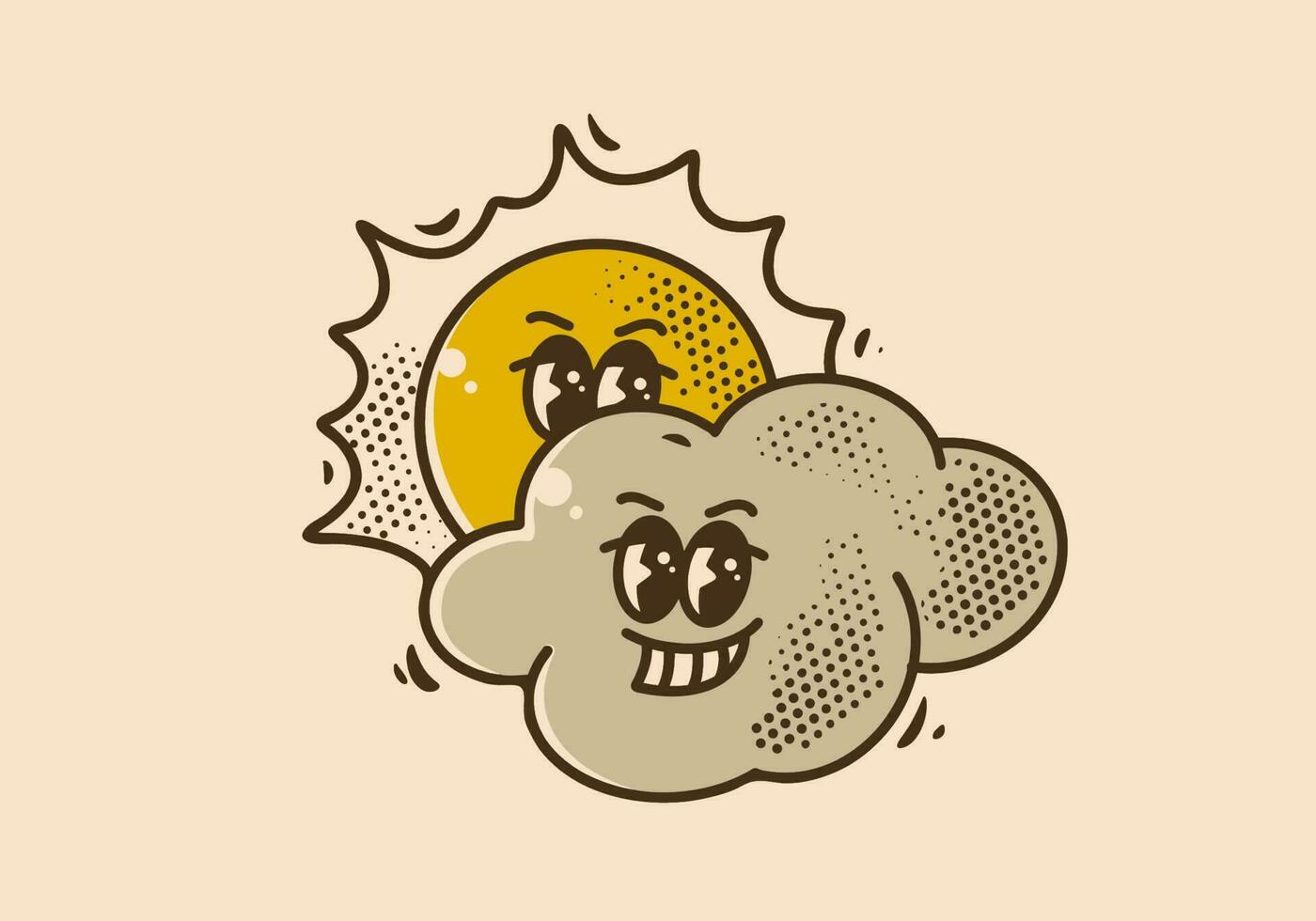 Vintage mascot character design of smiling sun and clouds vector