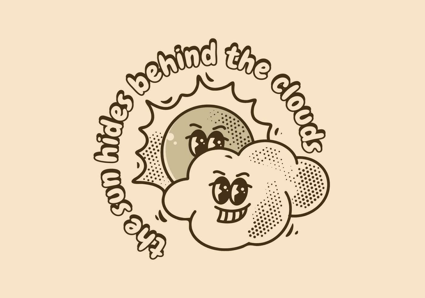 Vintage mascot character design of smiling sun and clouds vector