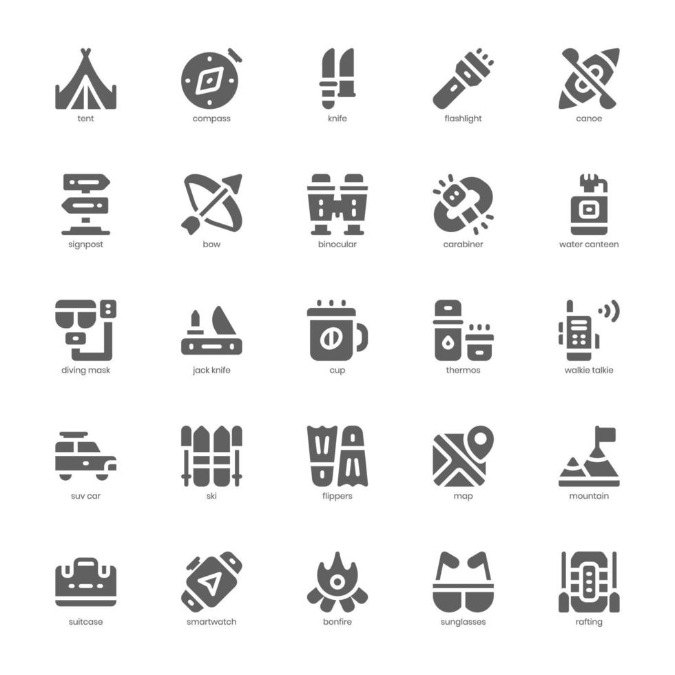 Adventure icon pack for your website design, logo, app, and user interface. Adventure icon glyph design. Vector graphics illustration and editable stroke.