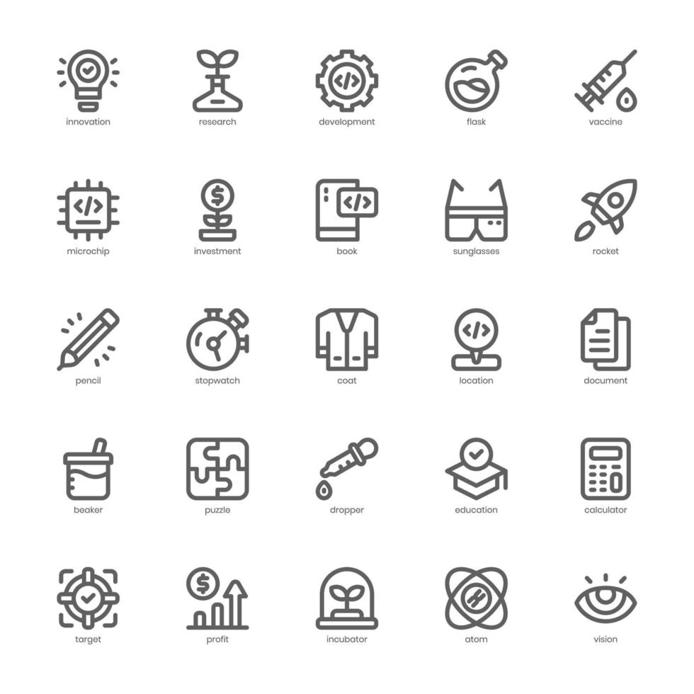 Research and Development Icon pack for your website design, logo, app, and user interface. Research and Development Icon outline design. Vector graphics illustration and editable stroke.