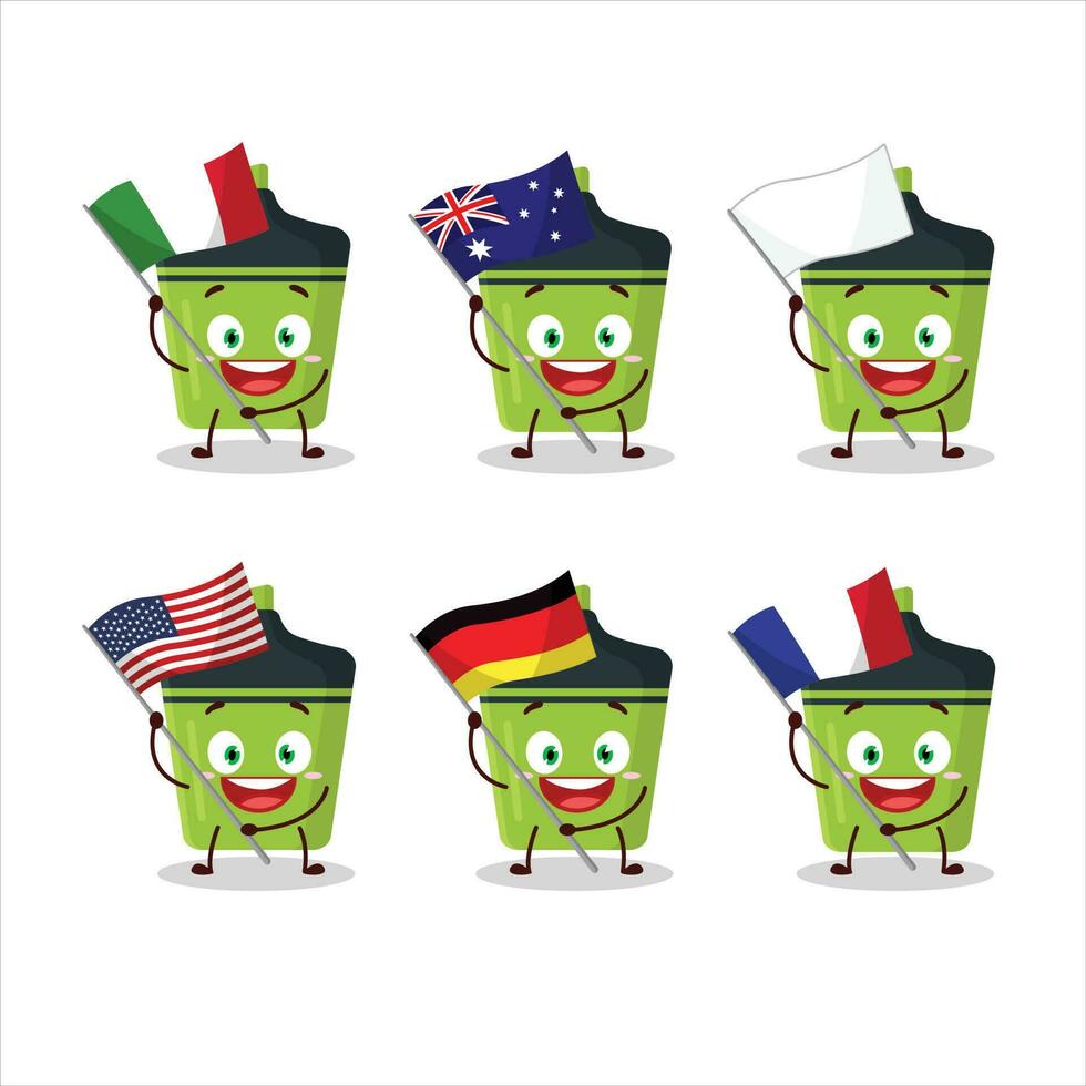 verde resaltador dibujos animados personaje traer el banderas de varios países vector