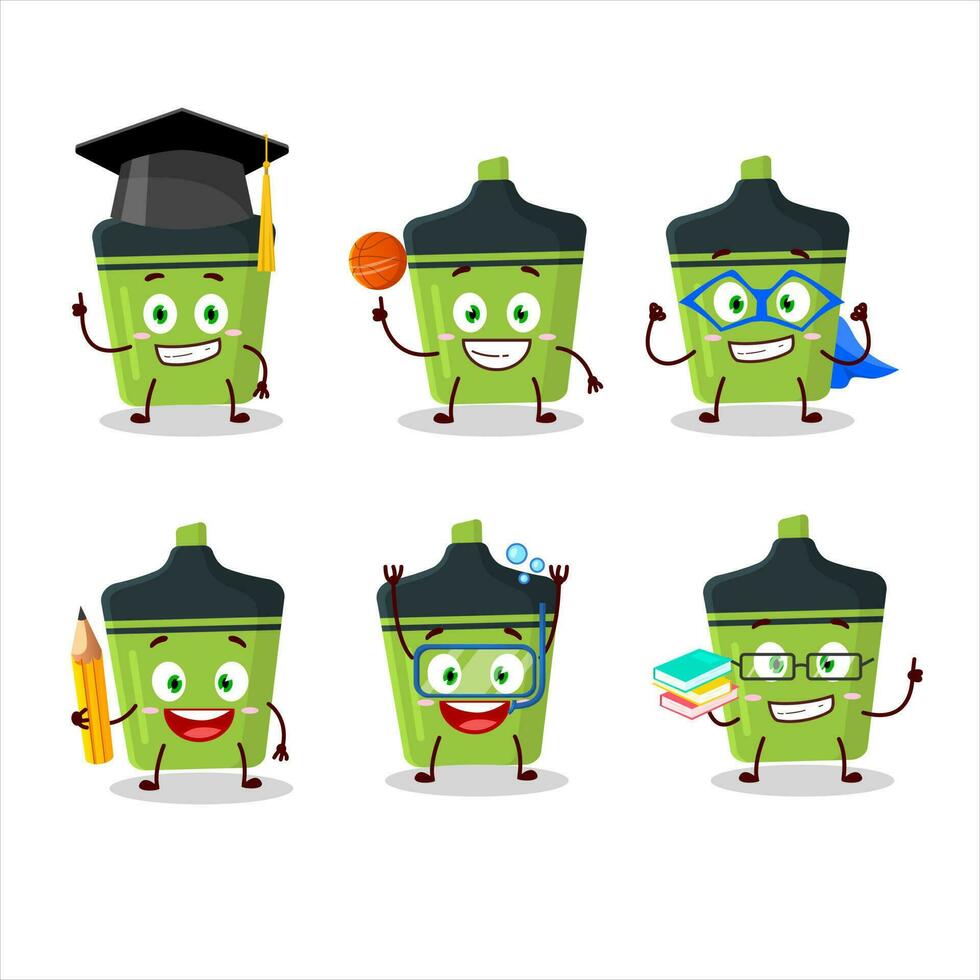 School student of green highlighter cartoon character with various expressions vector