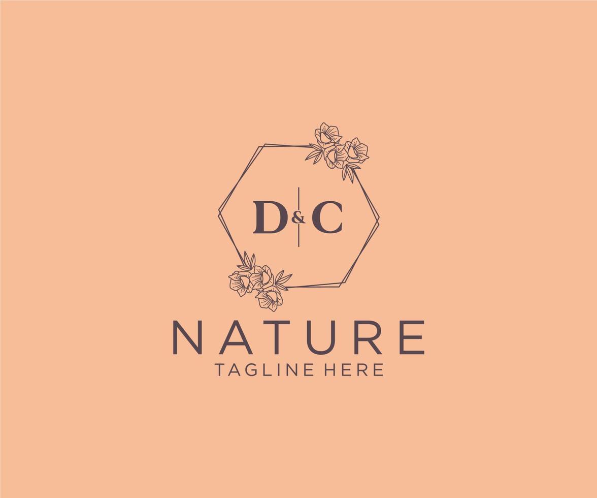 initial DC letters floral frames. Botanical feminine editable premade monoline unique decoration for greeting card, wedding invitation. vector