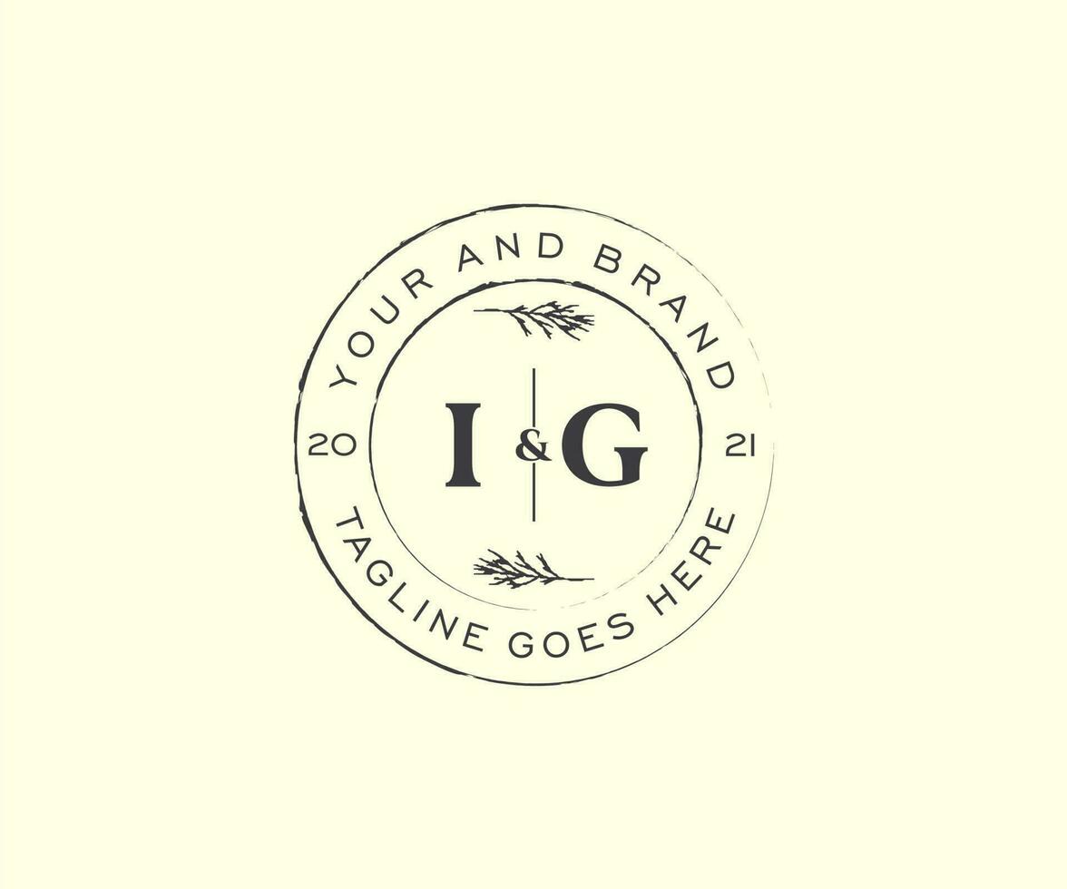 initial IG letters floral frames. Botanical feminine editable premade monoline unique decoration for greeting card, wedding invitation. vector