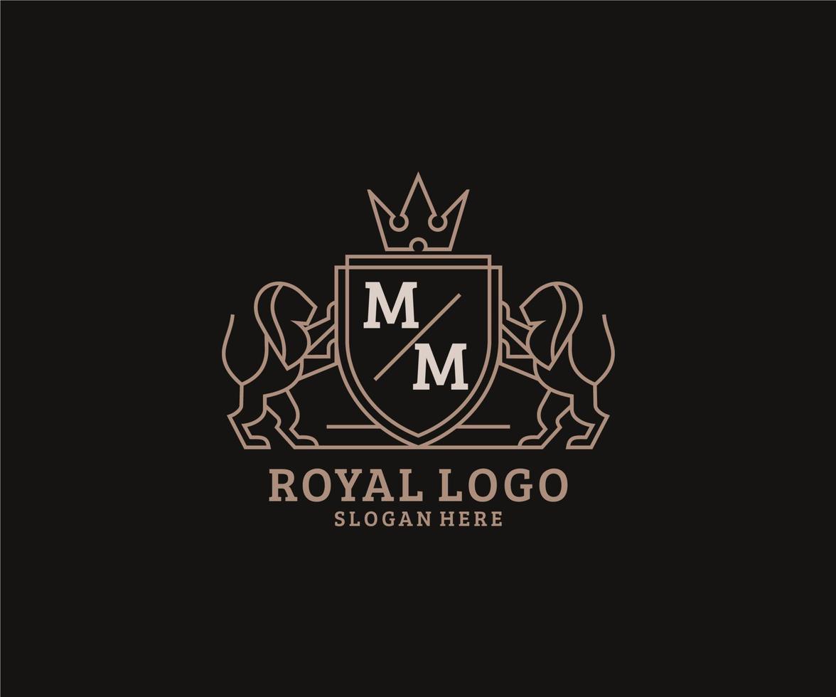 Initial MM Letter Lion Royal Luxury Logo template in vector art for Restaurant, Royalty, Boutique, Cafe, Hotel, Heraldic, Jewelry, Fashion and other vector illustration.