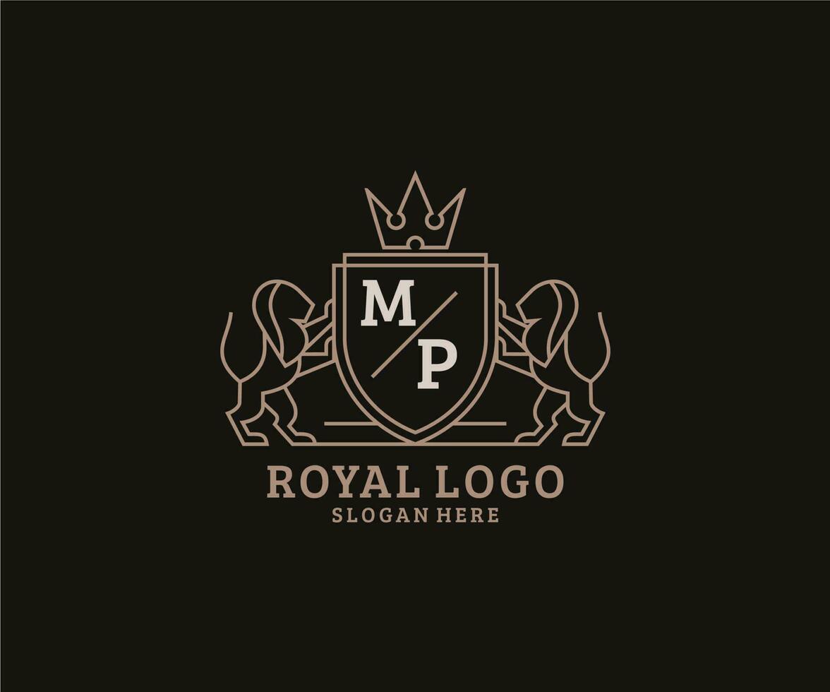 Initial MP Letter Lion Royal Luxury Logo template in vector art for Restaurant, Royalty, Boutique, Cafe, Hotel, Heraldic, Jewelry, Fashion and other vector illustration.