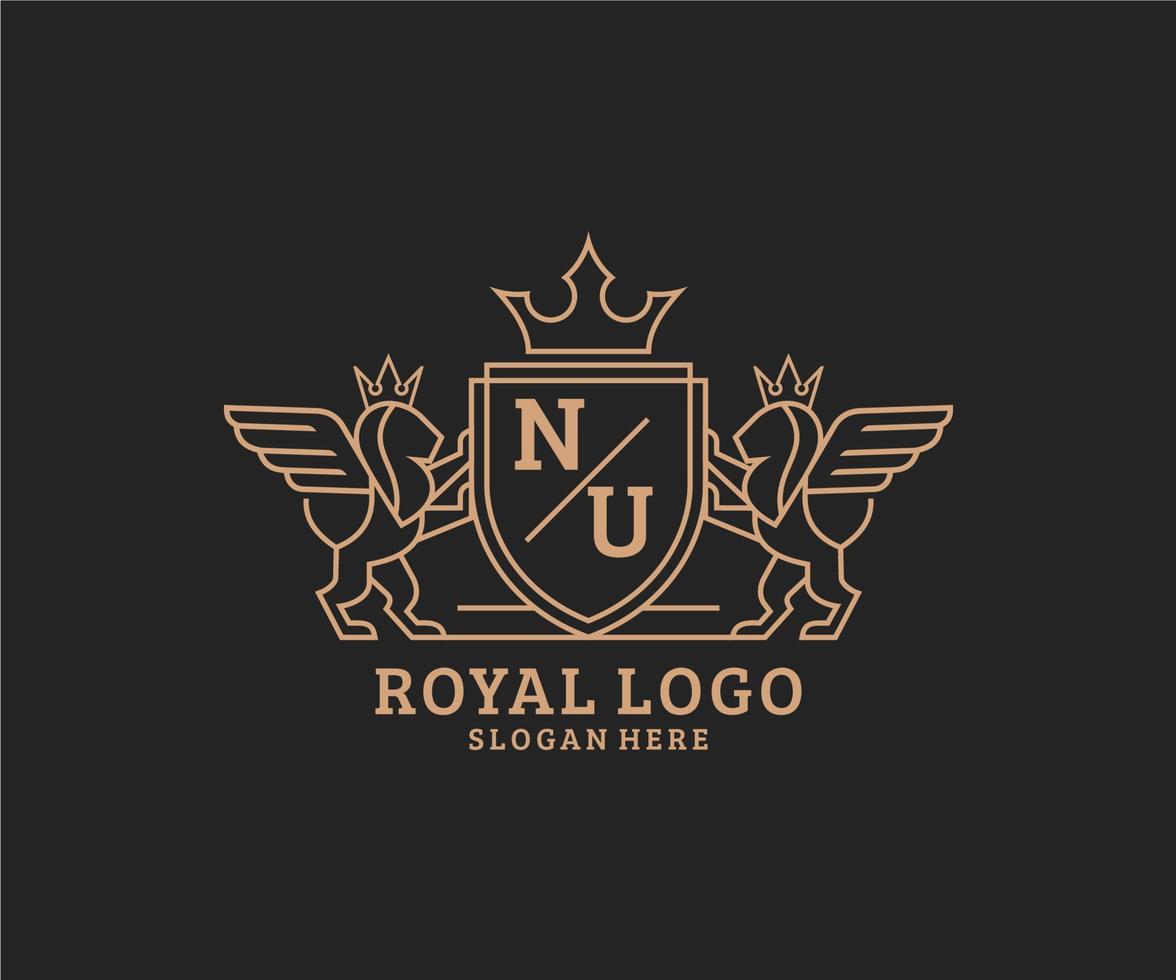 Initial NU Letter Lion Royal Luxury Heraldic,Crest Logo template in vector art for Restaurant, Royalty, Boutique, Cafe, Hotel, Heraldic, Jewelry, Fashion and other vector illustration.