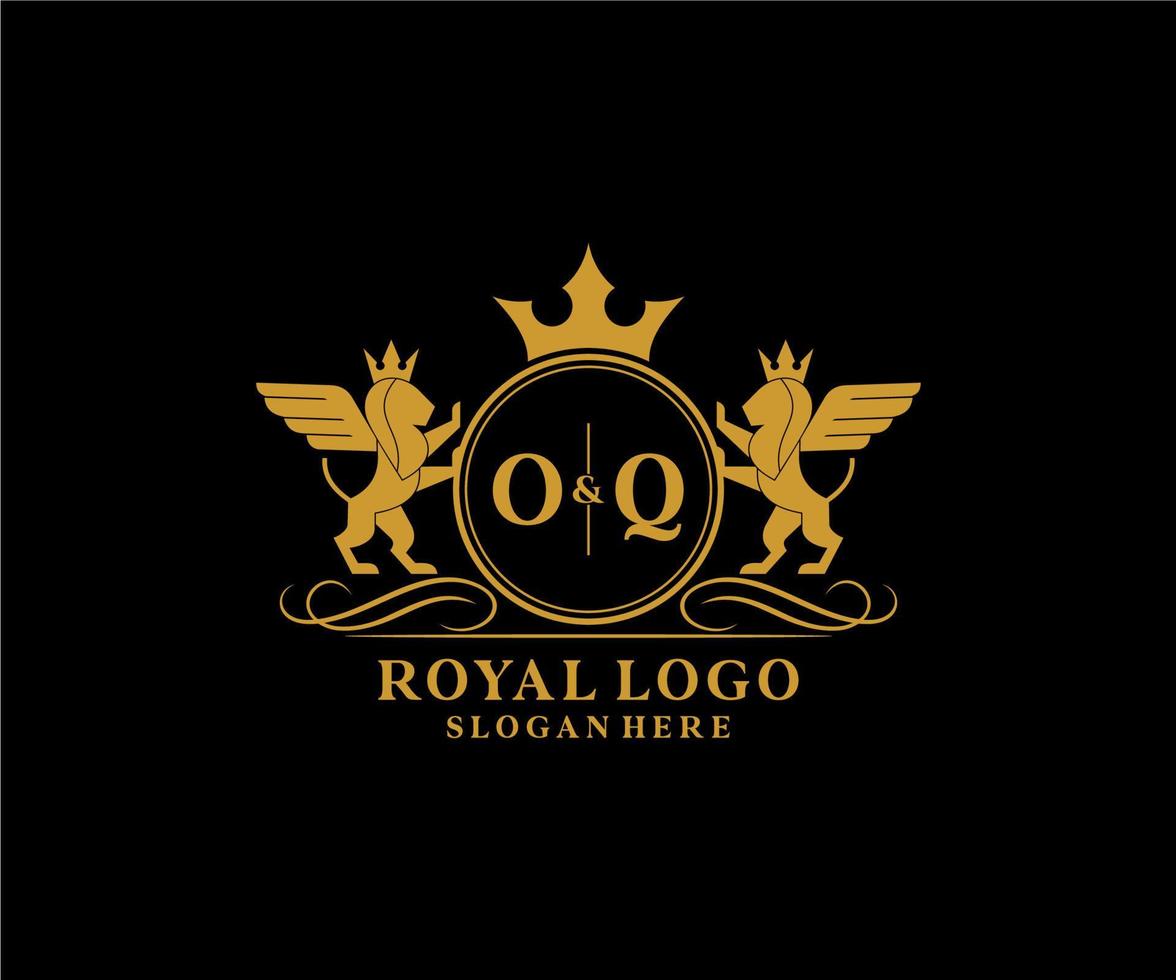 Initial OQ Letter Lion Royal Luxury Heraldic,Crest Logo template in vector art for Restaurant, Royalty, Boutique, Cafe, Hotel, Heraldic, Jewelry, Fashion and other vector illustration.