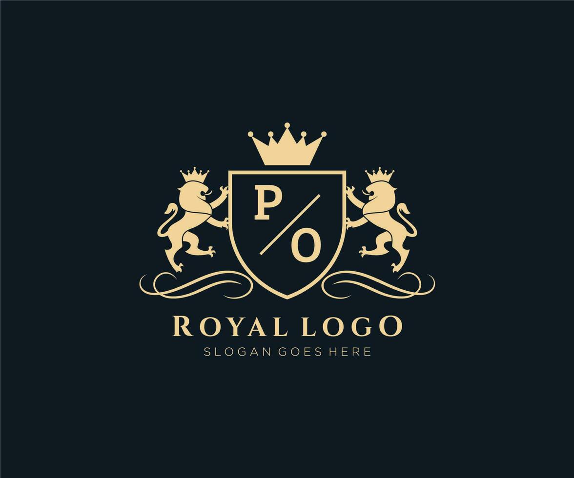 Initial PO Letter Lion Royal Luxury Heraldic,Crest Logo template in vector art for Restaurant, Royalty, Boutique, Cafe, Hotel, Heraldic, Jewelry, Fashion and other vector illustration.