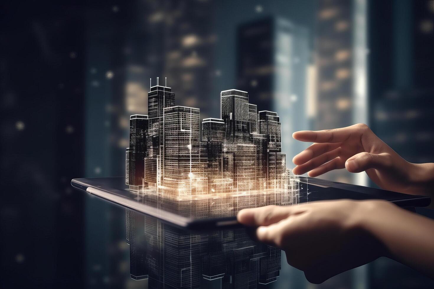 Digital tablet and a hologram of modern buildings, Illustration photo