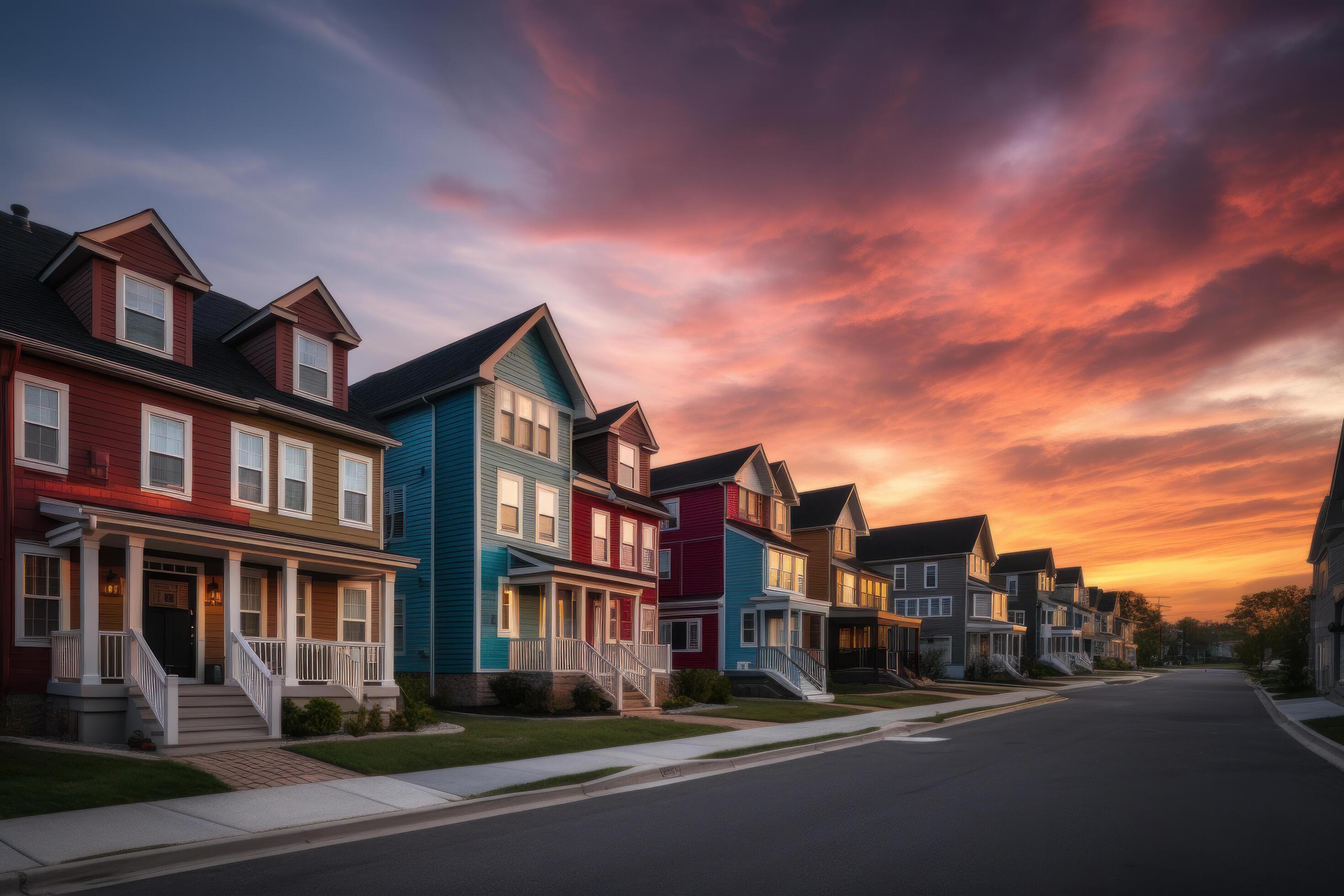 Homes in residential district with dramatic colourful sunset skies