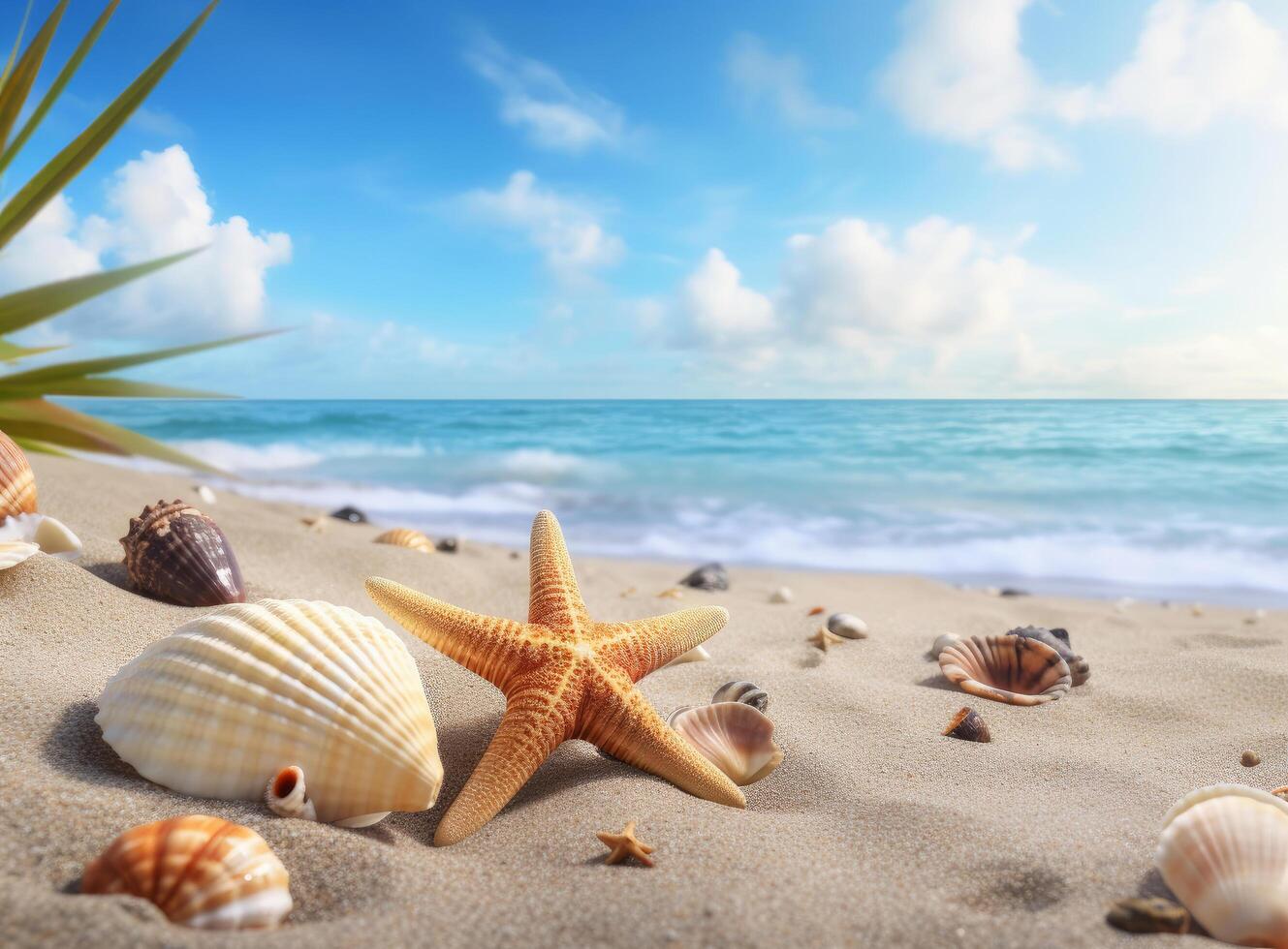 Beach sand with stars and shells. Illustration photo