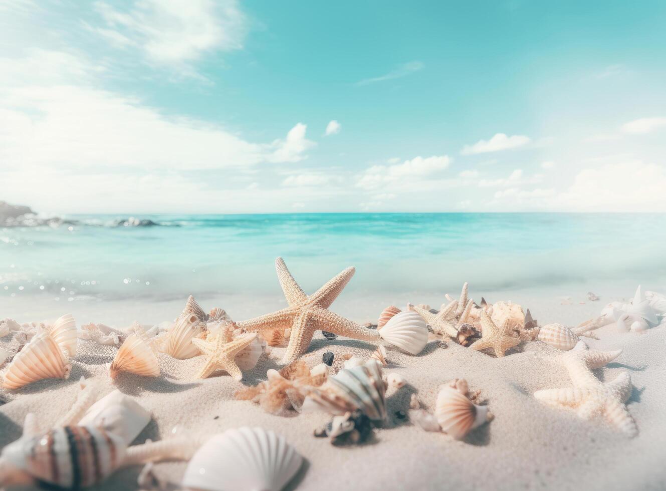 Beach sand with stars and shells. Illustration photo