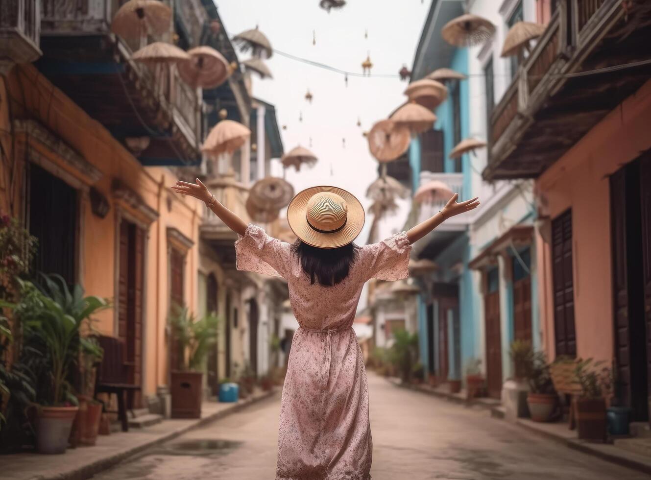 Girl wearing a hat as she walks in the narrow street. Illustration photo