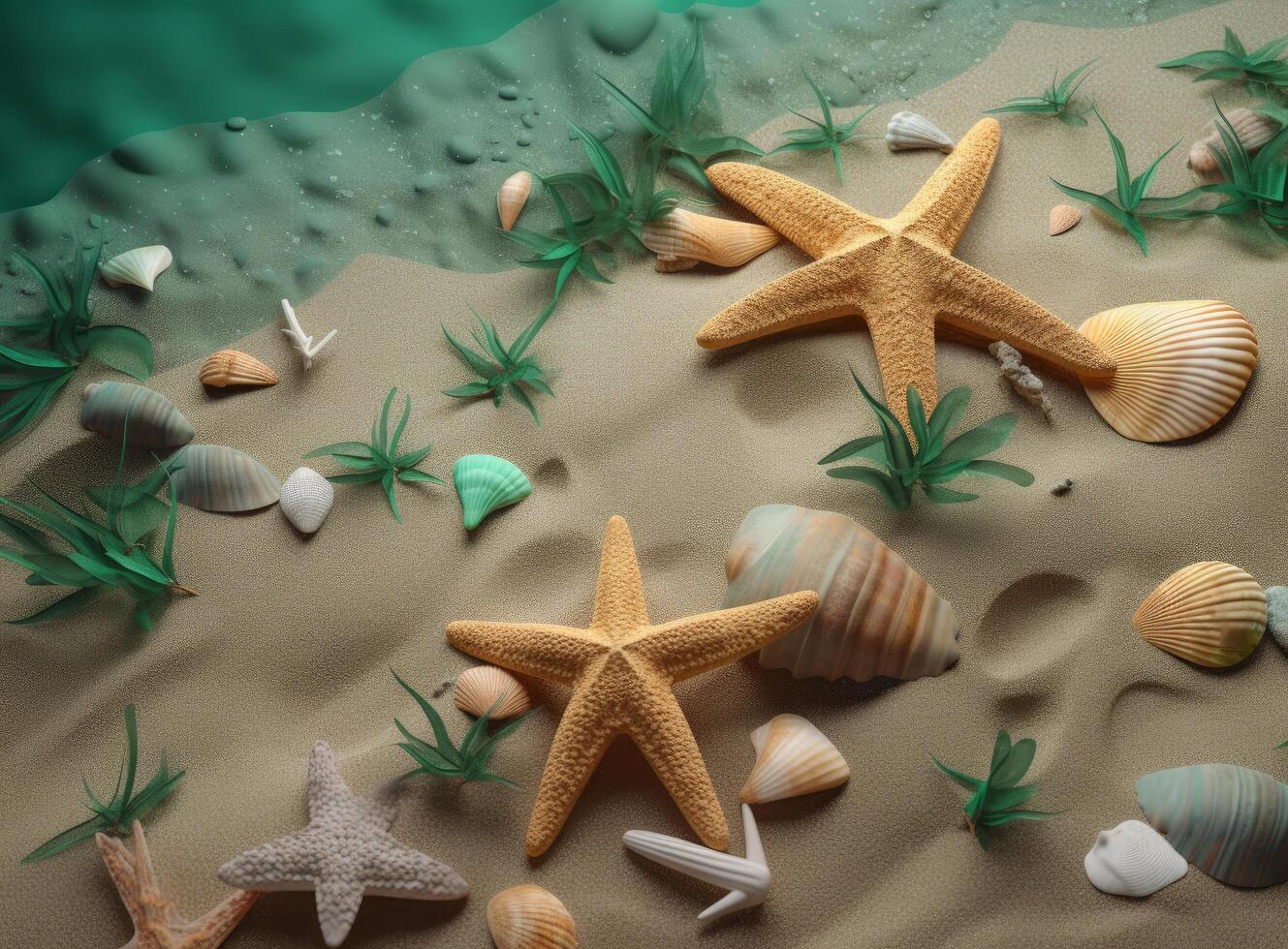 Beach sand with stars and shells. Illustration photo