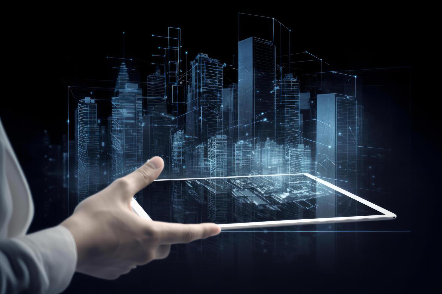 Digital tablet and a hologram of modern buildings, Illustration photo