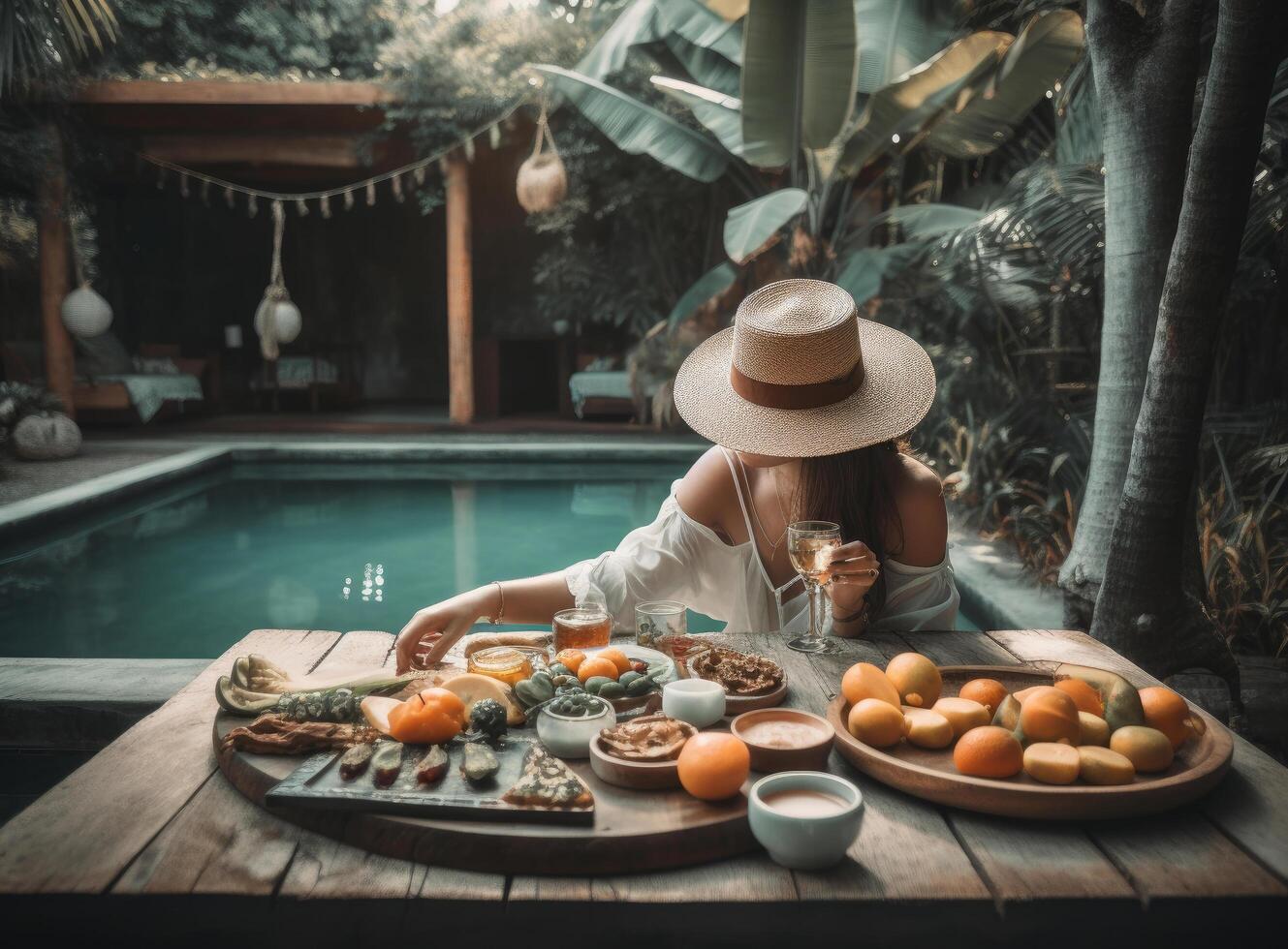 Woman eating near pool. Illustration photo