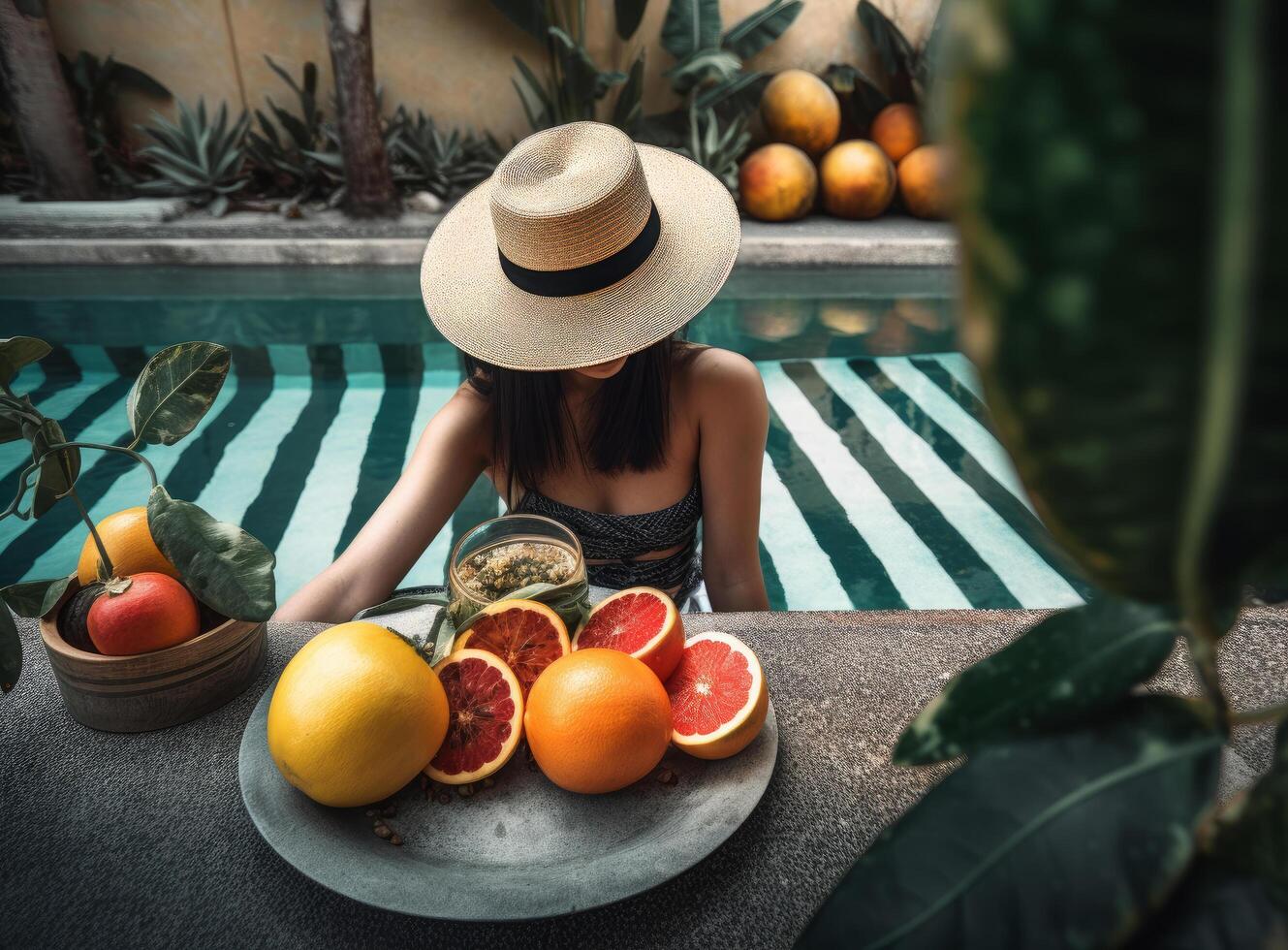 Woman eating near pool. Illustration photo