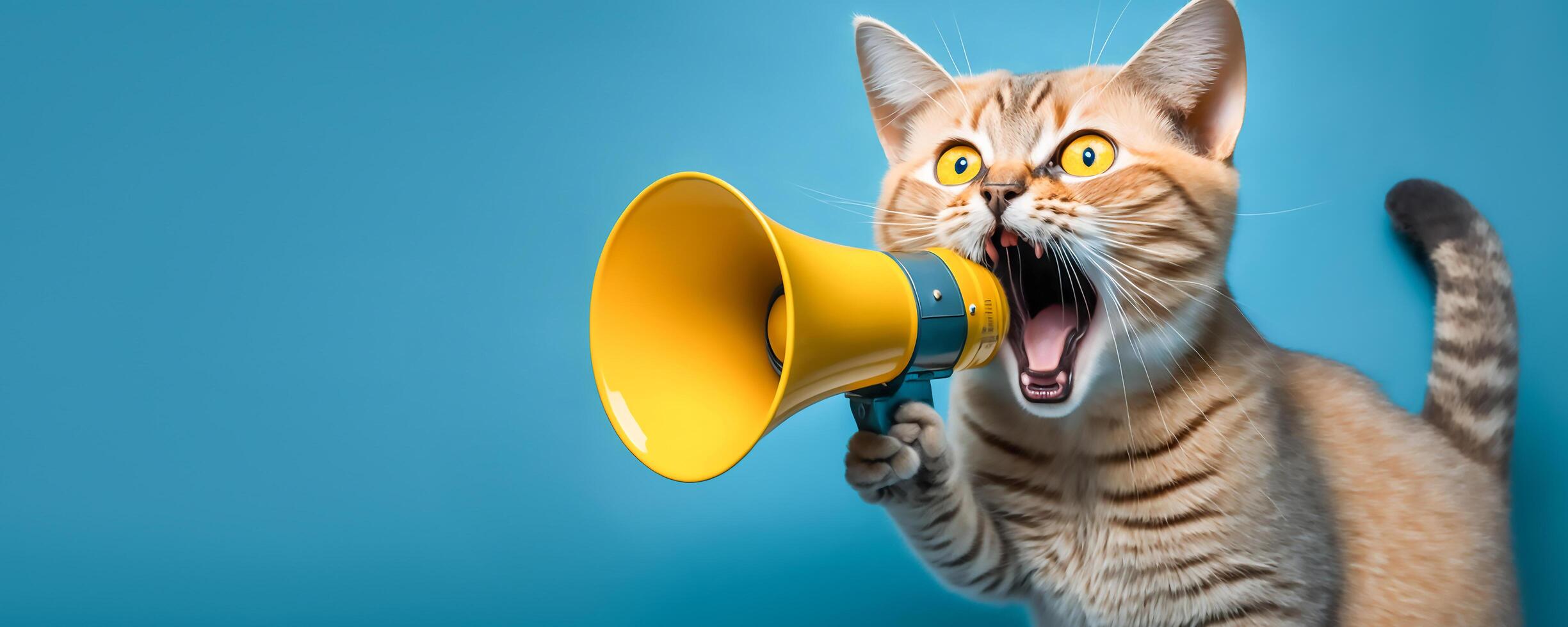 Cute cat holds a yellow loudspeaker in its shouting and announcing on a blue background, photo