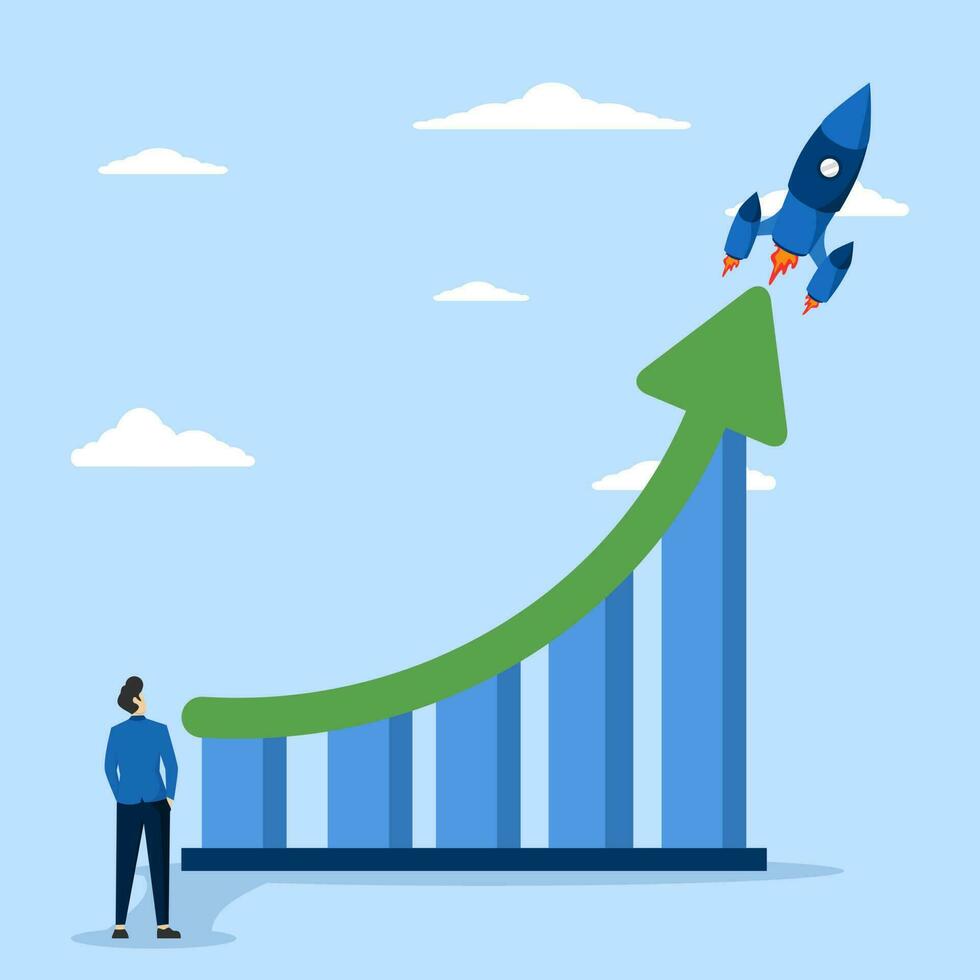 Exponential growth concept, investment, increasing wealth or income chart, increasing sales or profit concept, businessman looking at financial report chart with exponential arrow flying rocket. vector