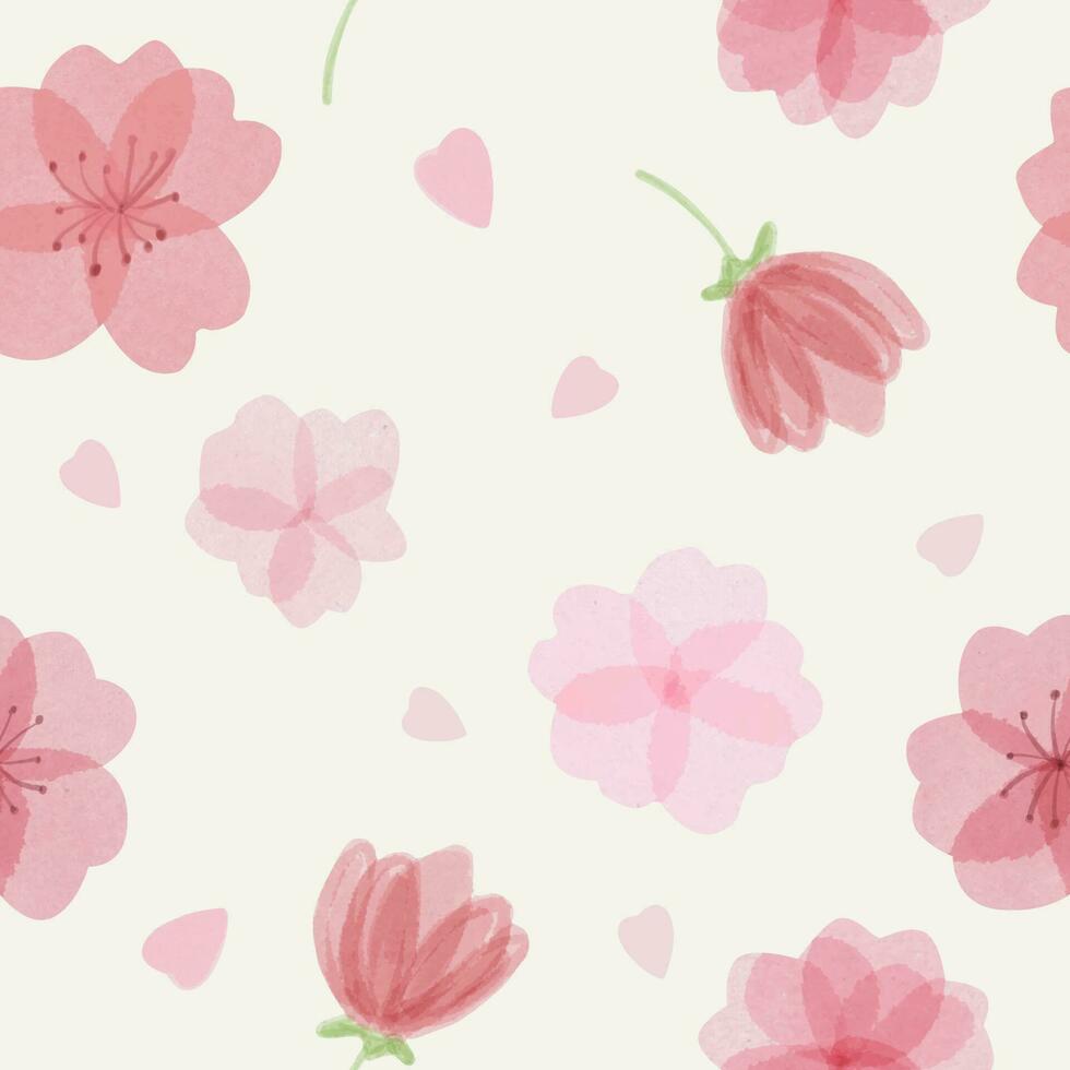 Seamless pattern with beautiful tender watercolor sakura flowers and petals vector