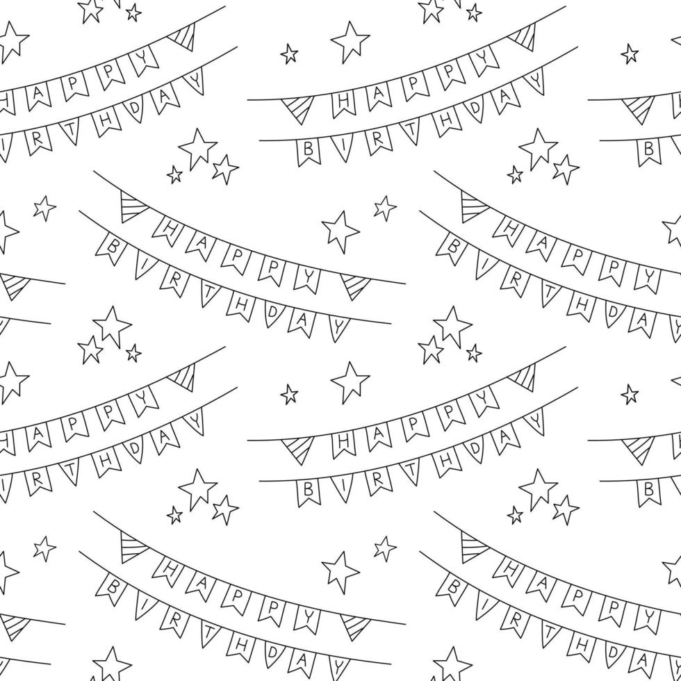 Happy Birthday pattern. Seamless vector black and white background with bday funny doodle flags garland. Hand drawn repeat illustration