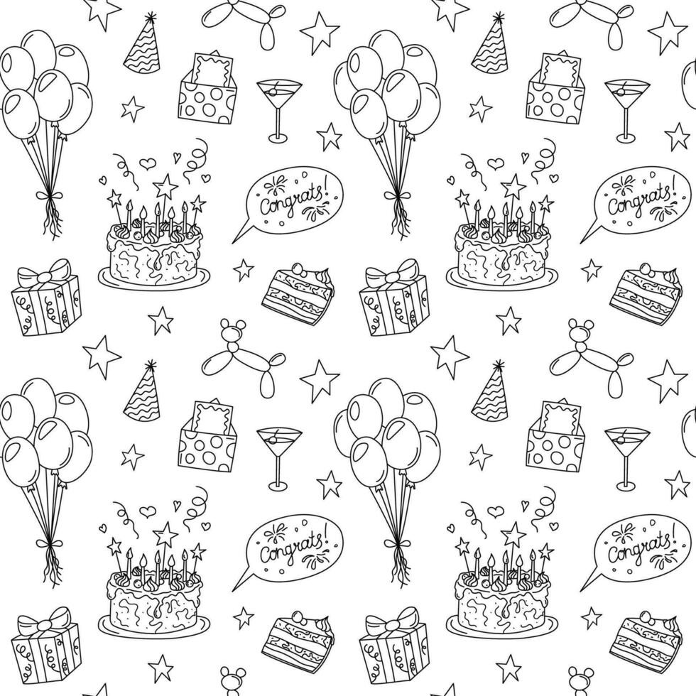 Birthday doodles pattern. Seamless vector black and white background with bday funny doodle elements. Hand drawn repeat illustration