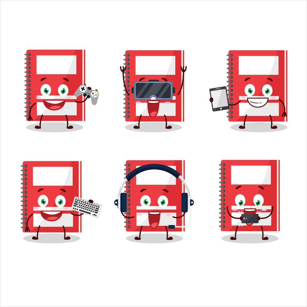 Red study book cartoon character are playing games with various cute emoticons vector