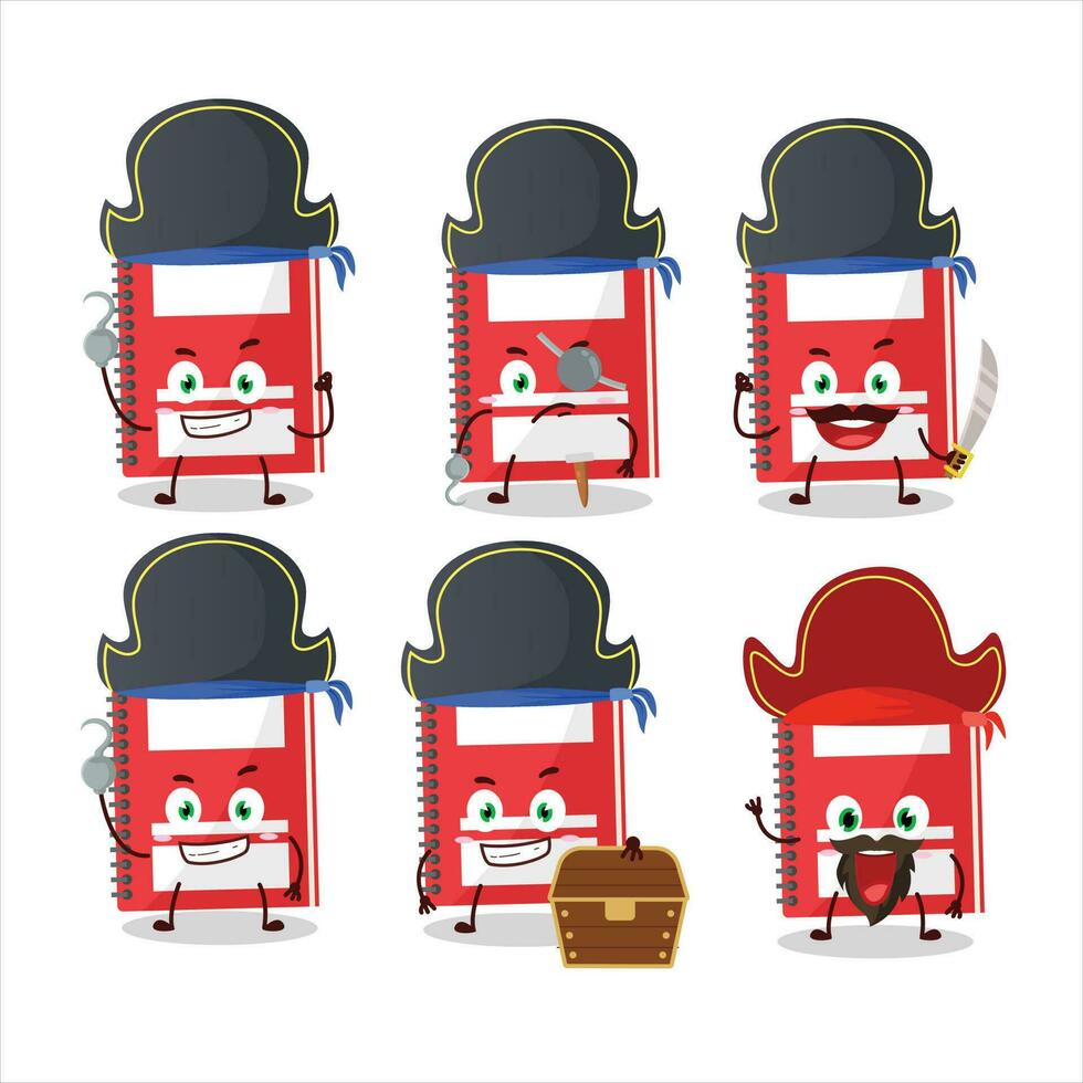 Cartoon character of red study book with various pirates emoticons vector