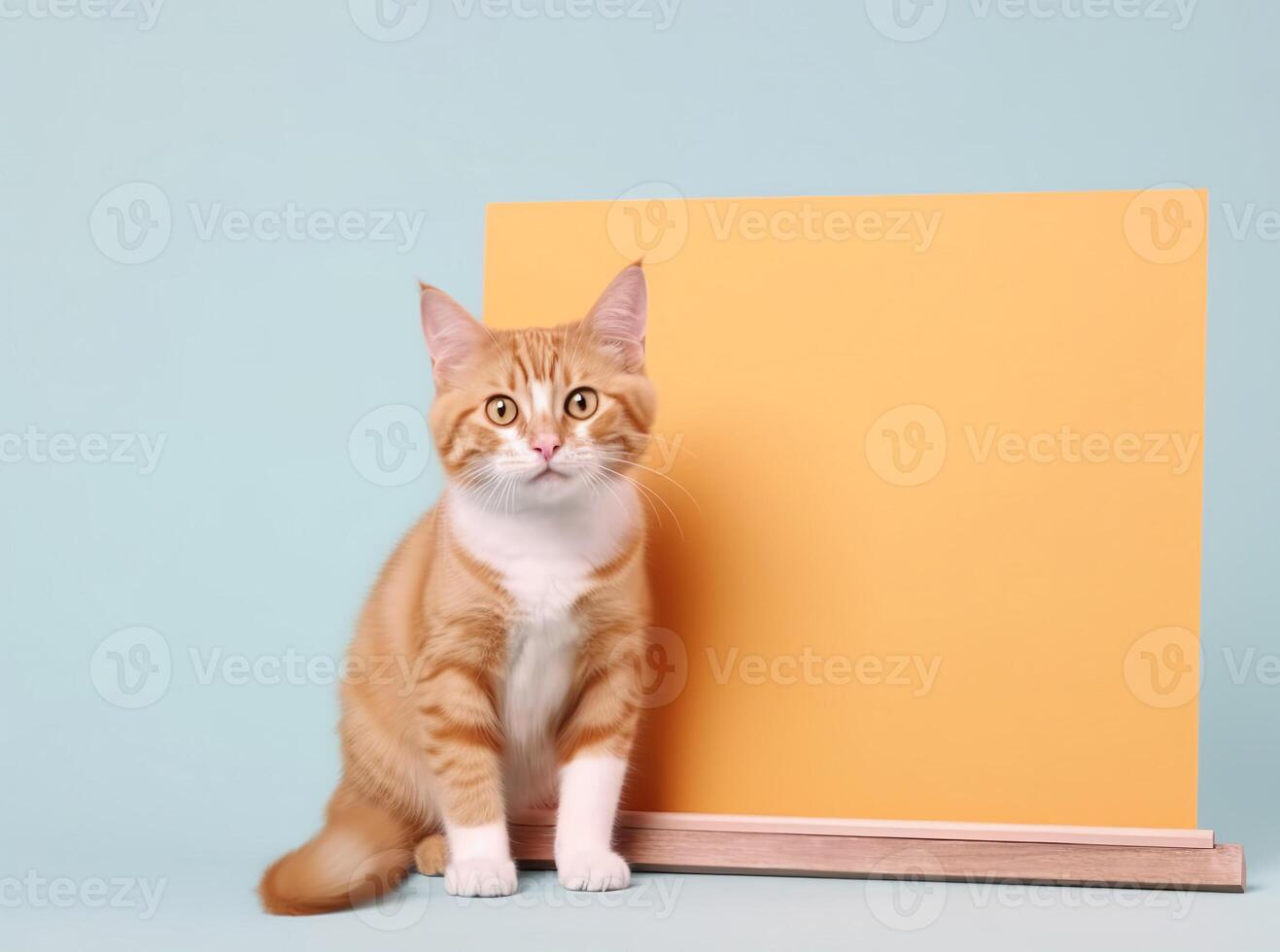 a cute tabby orange cat with blank board on isolated pastel color background, playful and adorable pet, photo