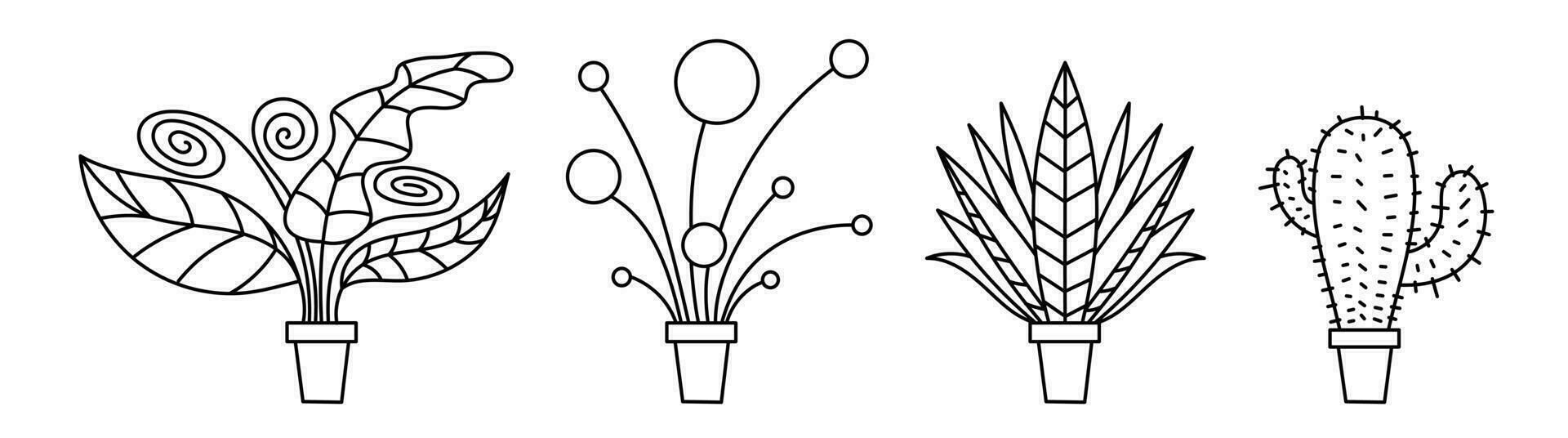 Set of plants in pots. Contour vector line drawing.
