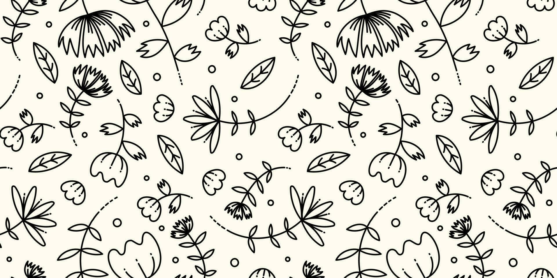 Seamless pattern of drawn contour flowers. Print for fabric or wrapping paper. Vector drawing.