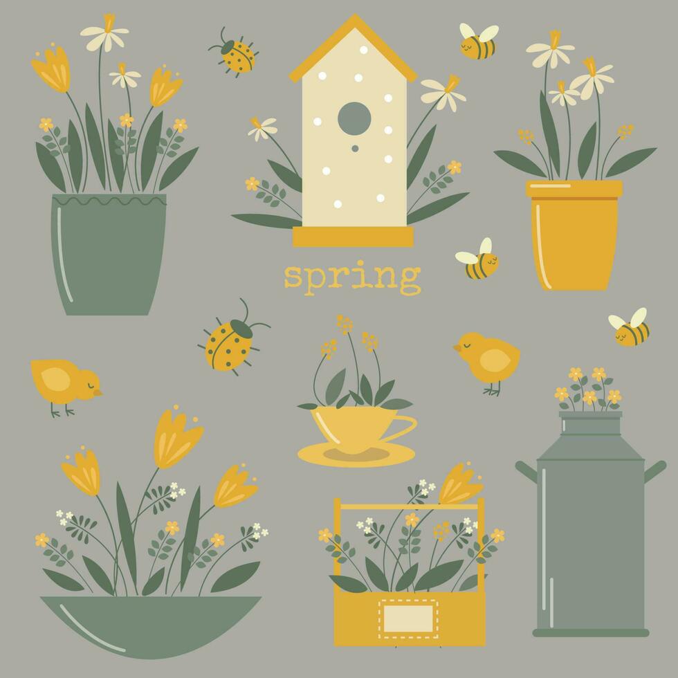 vector primavera jardín conjunto con linda flor maceta, pollo, loco y abejas