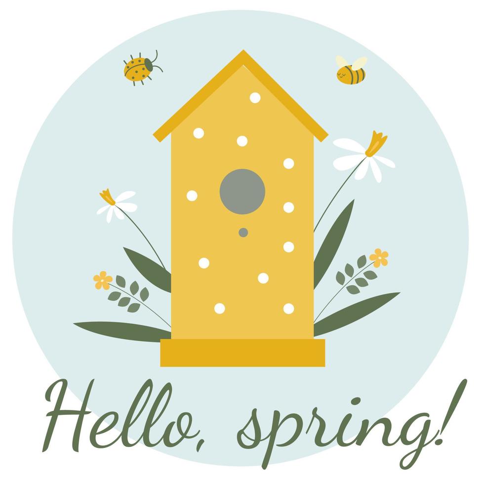 vector spring card with cute bird house and flower