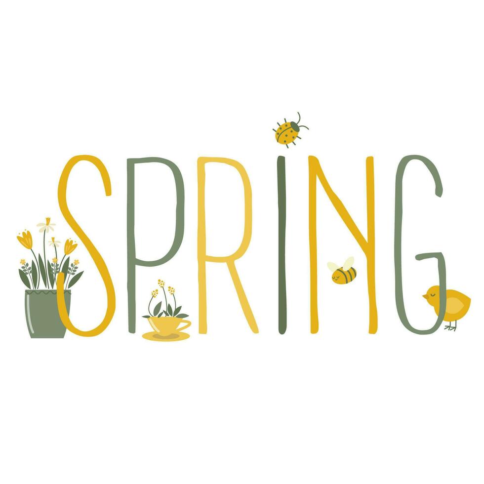 vector text spring with pretty flowers