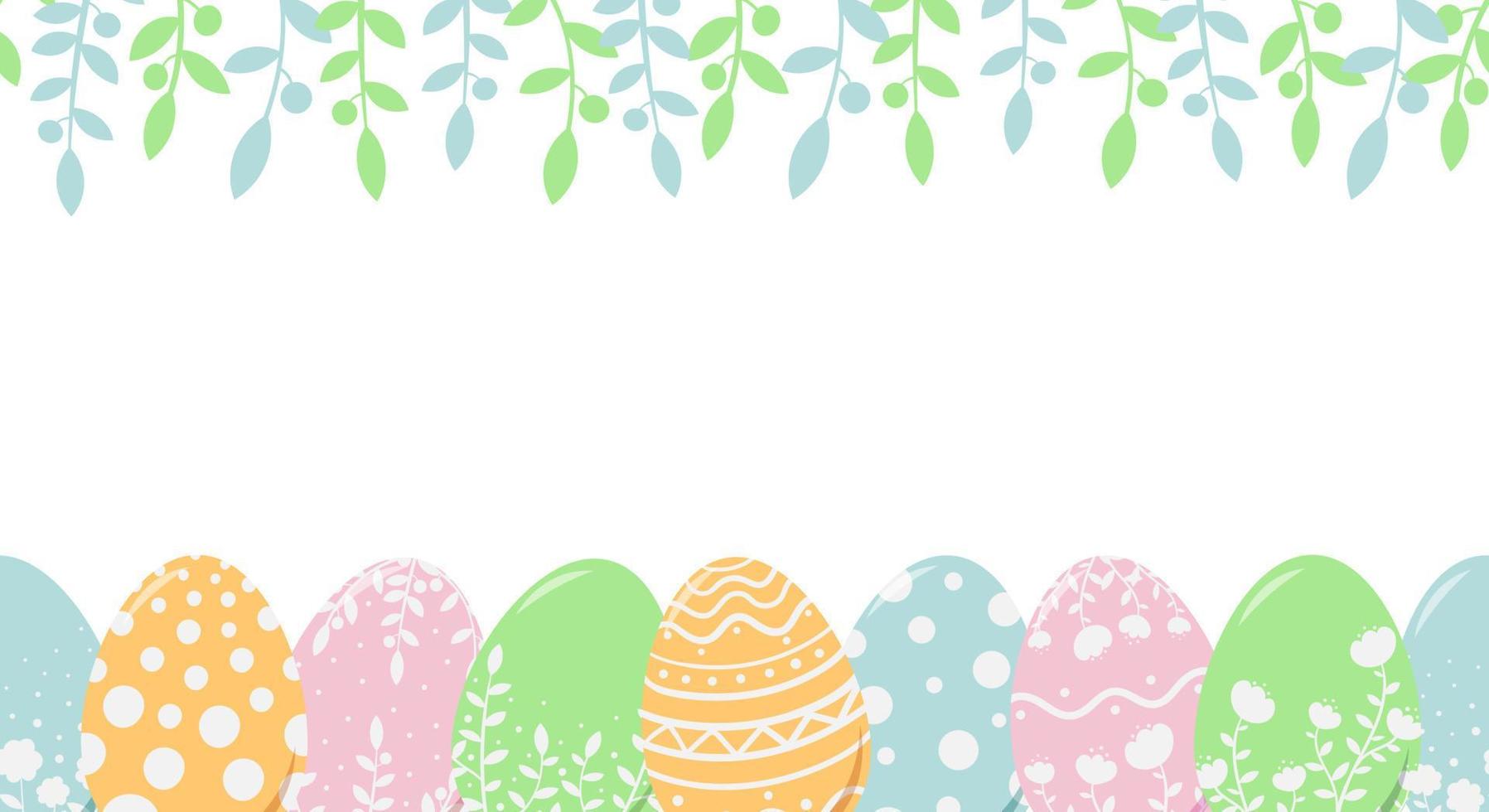 Horizontal seamless pattern with Easter eggs and vegetation. Spring illustration for Easter holiday. Flat style vector image