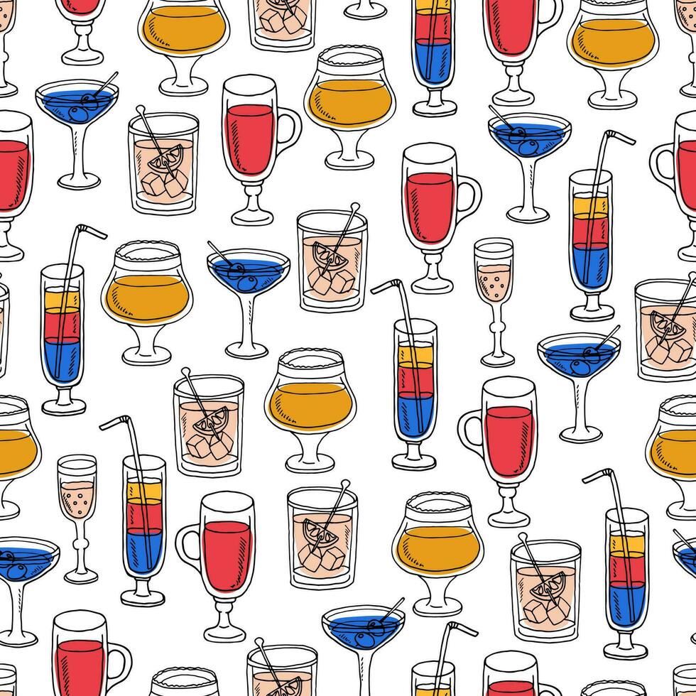 Seamless pattern with doodle style cocktails. Summer drinks at the bar. vector