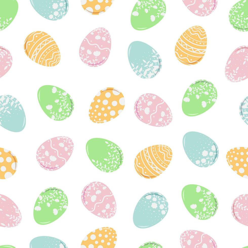 Seamless pattern with cute Easter eggs in a floral pattern. Spring illustration for Easter holiday. Flat style vector image