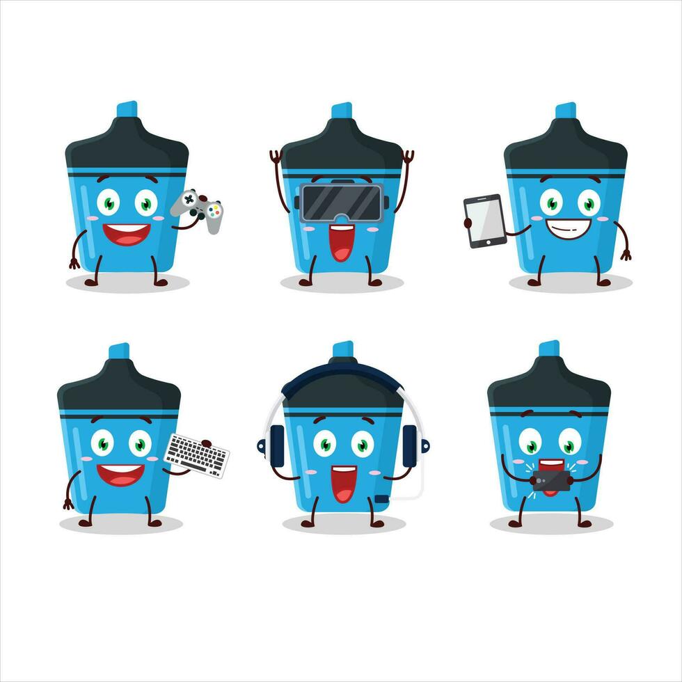 Blue highlighter cartoon character are playing games with various cute emoticons vector