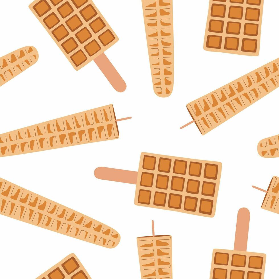 Sweet food and dessert food, vector seamless pattern of golden brown homemade corn dog waffle on a stick.