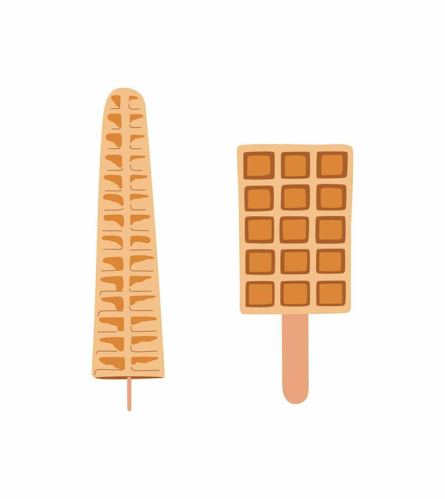 Two waffles. Sweet food and dessert food, vector illustration of golden brown homemade corn dog waffle on a stick.