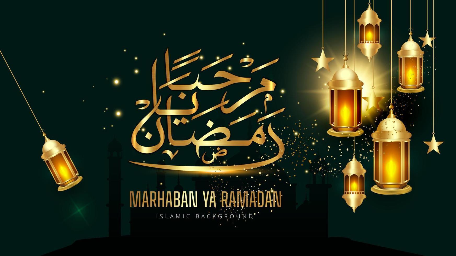 Marhaban ya ramadhan Background. with arabic calligraphy, mosque silhouette and lantern background, for Islamic greeting card and poster. vector