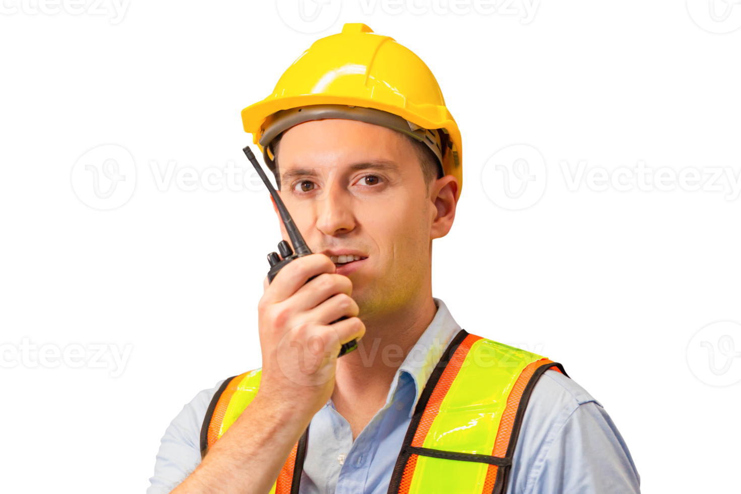 Foreman in hardhat safety vest with Two-Way radio working in logistics center, Warehouse worker man working in factory warehouse industry and using radio talking communication png