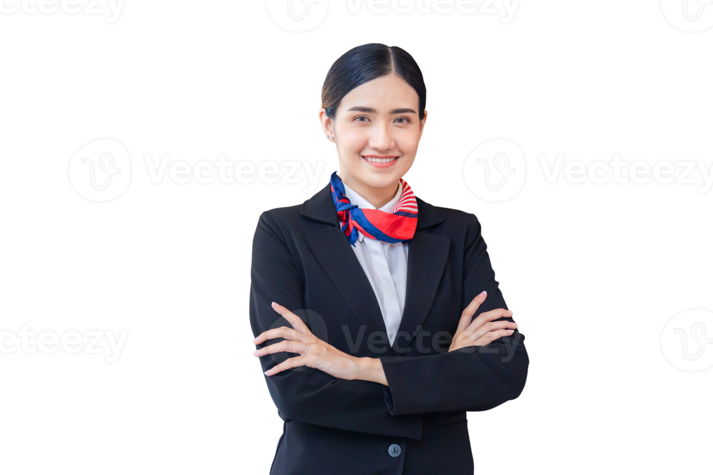 Young woman receptionist standing with arms crossed and smiling to camera. Portrait of Female receptionist working in hotel png