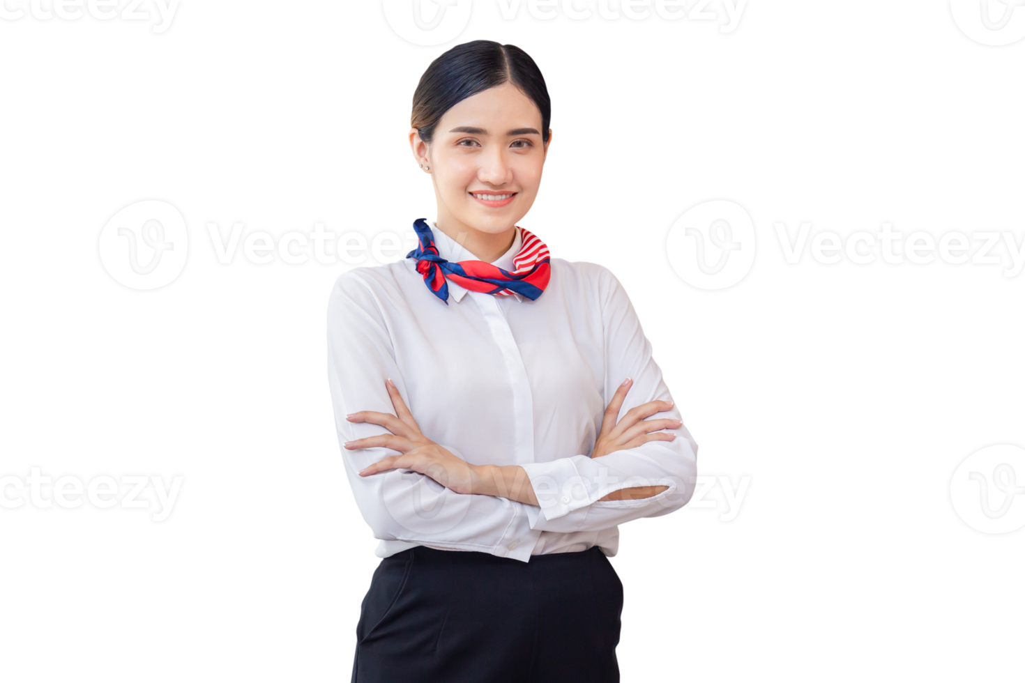 Young woman receptionist standing with arms crossed and smiling to camera. Portrait of Female receptionist working in hotel png