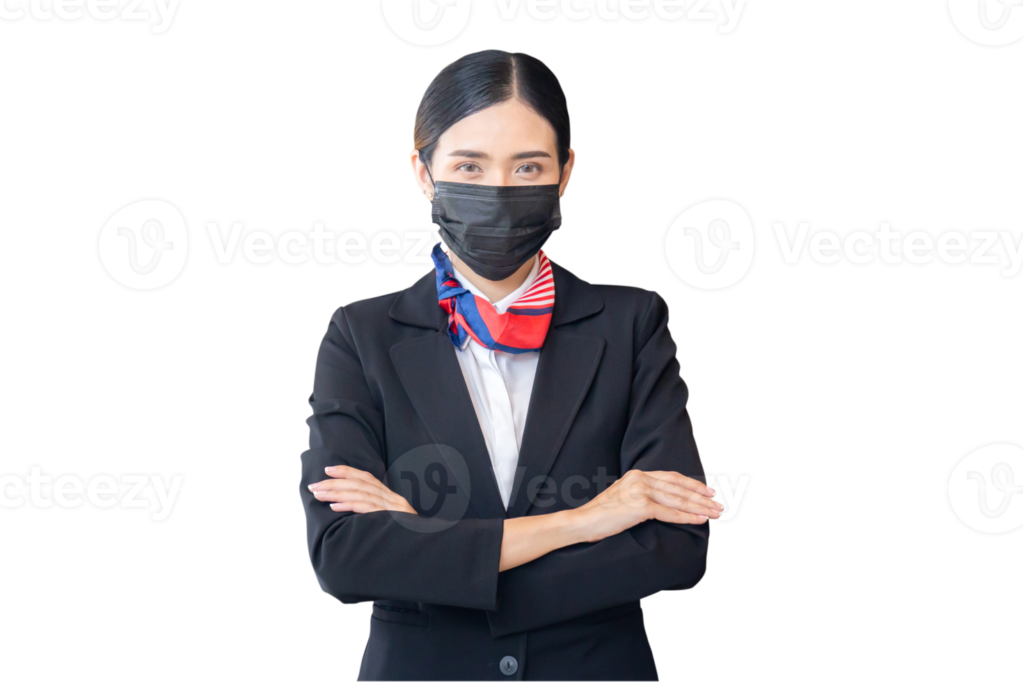Young woman receptionist wearing protection face mask against coronavirus with arms crossed and smiling. Portrait of Female receptionist working in hotel png