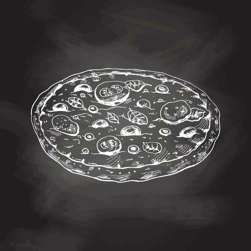 Hand-drawn sketch style pizza Margherita. Traditional Italian cuisine. Dough, tomato sauce, melted mozzarella cheese, basil leaves, tomatoes. Vintage illustration isolated on chalkboard background. vector